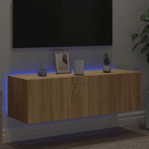 Natulvd Floating TV Stand, Wall Mounted TV Cabinet with LED Lights, 100cm Modern Entertainment Center Media Console with Storage, Wall TV Cabinet for Most TVs (Brown)