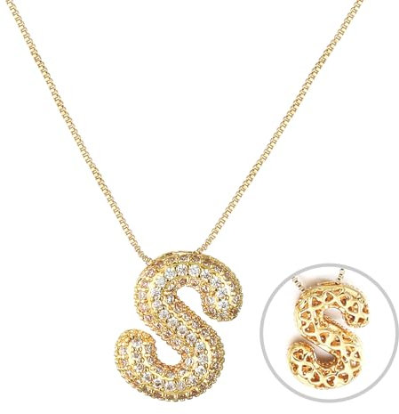 RWQIAN Bubble Buchstaben Kette Gold S Damen Balloon Initialen Haskette Bling Zirkonia Buchstaben Kette Anhänger Blase Letter Schmuck Geschenke für Frauen