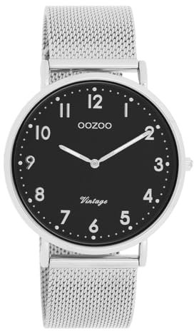 Oozoo Vintage Damen Uhr Silber/Schwarz | Armbanduhr Damen mit Mesharmband | Moderne Uhr für Frauen | Edle Analog Damenuhr in rund C20341 (40mm Gehäuse)