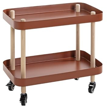 HAKU Beistelltisch rollbar Massivholz Natur Metall Korallenrot rollbarer Couchtisch Sofatisch -Maße: B 50 x H 47 x T 30 cm Style: Modern