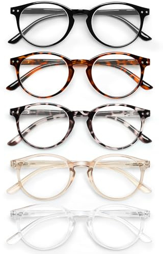 JOLISU 5er-Pack Lesebrillen für Damen/Herren – Blaulichtfilternde Computerbrille mit rundem Rahmen – Retro-Brille mit klaren Gläsern 3.0