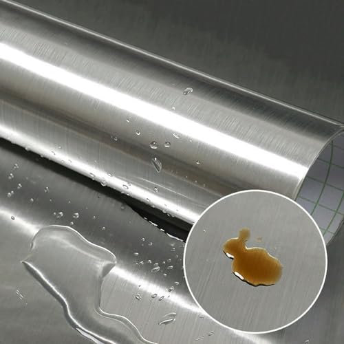 ZXFLOOR 45 x 400 cm Metall-Tapete in gebürstetem Silber, abziehen und aufkleben, wasserdicht, ölbeständig, Wanddekorationsfolie, Edelstahl-Dekor-Kontaktpapier
