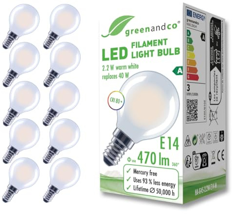 greenandco 10 x Frosted LED Filament Bulb E14 G45 2.2W 470lm Replaces 40W 2700K Warm White 320° 230V No Flicker Energy Class A Non-Dimmable