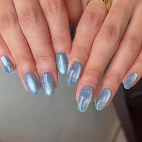 Ceboic 24 Pcs French Tip Press on Nails Short Almond False Nails Blue Fake Nails with Design Cat's Eye Glue on Nail Cute Ballerina Stick on Nail for Women Girls Nails Art Gifts