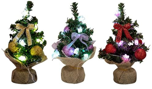 Árbol de Navidad pequeño para escritorio, 3 luces verdes pequeñas con base de arpillera para decoración del hogar