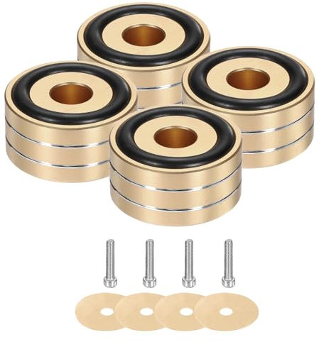 sourcing map 4 Pcs Subwoofer Isolation Pad, 40x20mm Speaker Isolation Pad Feet Speaker Spikes Turntable Audio Studio Monitor Isolation Pad for Audio Equipment, M4 Screws Gold