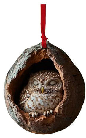 4PC 2024 Weihnachtsornamente, Christbaumschmuck, Eule im Loch im Baum Acryl Ornamente, Baby Drachen Weihnachtsschmuck, Geschenke für Familie, Freunde und Tierliebhaber (Khaki, One Size)