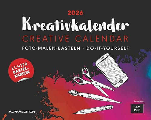Alpha Edition - Kreativ-Kalender Tischaufsteller Quer Schwarz 2026 – Bastelkalender 20×16 cm mit weißer Schrift, zum Aufstellen & Aufhängen, ideal für ... & DIY-Geschenke: Bastelpapier schwarz