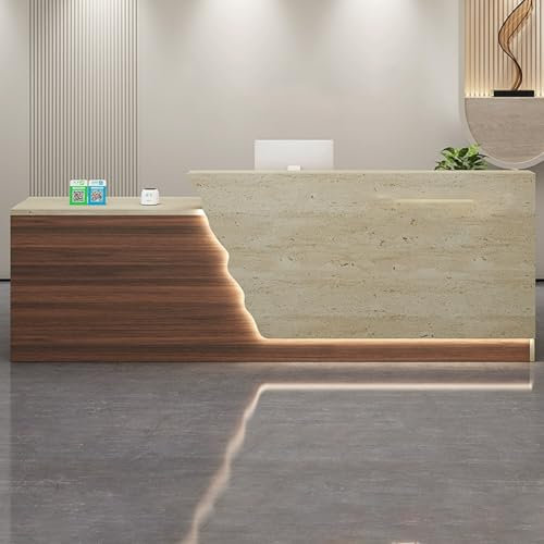 JIAOCKJIAO Empfangstheke mit Theke, Rezeptionstheke mit Leuchten, Moderne Verkaufstheke mit Schubladen, Empfangstisch Vorne für Kassenbüro, Schönheitssalon, Lobby(Brown+Beige A,51.1in/130cm)