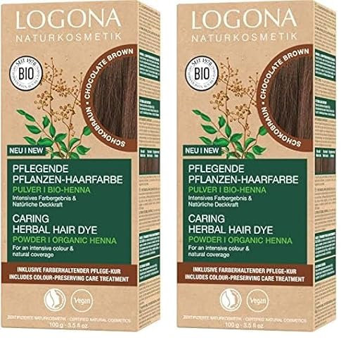 LOGONA Naturkosmetik Pflegende pflanzliche Haarfarbe, Veganes Haarfarbe-Pulver mit Bio-Henna für intensive Farbe und Glanz, Pflanzenhaarfarbe in Schokobraun (Braun), 1 x 100g (Packung mit 2)