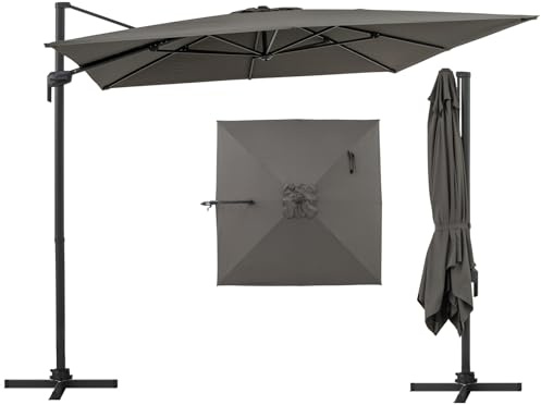 COSTWAY Ombrellone da Giardino 300 cm, Ombrellone Quadrato da Esterno con Rotazione a 360°, Inclinazione Regolabile, Base Incrociata, 8 Stecche, Manovella (Grigio, 300 x 300 x 255 cm)