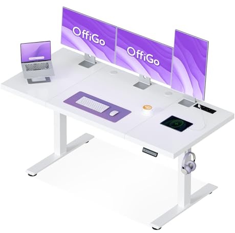 OffiGo Höhenverstellbarer Schreibtisch mit Steckdose 180x70cm, 35MM, Weiß | Elektrischer Schreibtisch mit stabilen T-Beinen, Standing Desk Perfekte Ergonomie für Büro, Gaming