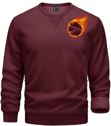 TACVASEN Sweatshirt Herren Ohne Kapuze Fleece Pullover mit Taschen Warmer Arbeitspullover Gefüttert Laufshirt Langarm, Weinrot, 2XL
