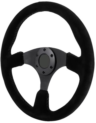 SPYMINNPOO Racing Steering Wheel 350mm 14in Black Suede Drifting Steering Wheel Aluminum Universal with Black Stitching for 6-Screw/Fastener Flat Drifting