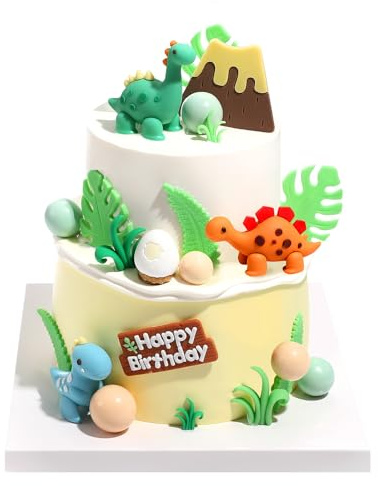26 PCS Cartoon Dinosaur Cake Toppers, Cute Dino Egg Leaves Grass Volcano Cake Decorations for Kids Birthday Baby Shower Party Supplies