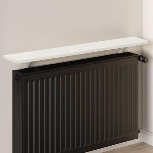 Loch & Skye Radiator Shelf with Foil Insulation 140 x15 x 1.8cm MDF Wooden Floating Shelf with Brackets No-Drill Over Radiator Shelves for Heat Circulation in Living Room & Bedroom (White)