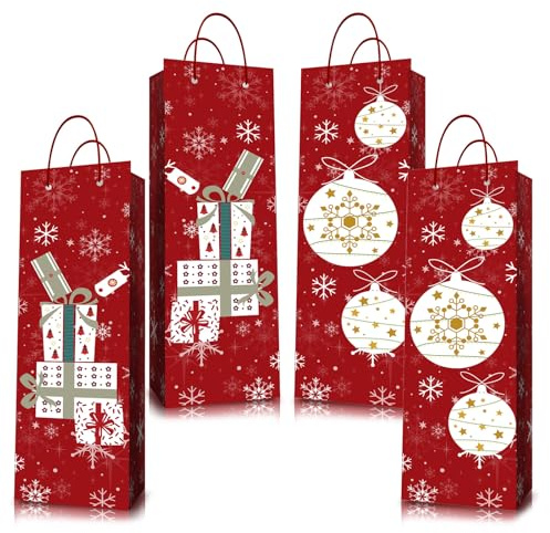 Bottle Wine Bag with Handles Bulk 4 Packs, Paper Gift Bag for Christmas Party (Red)