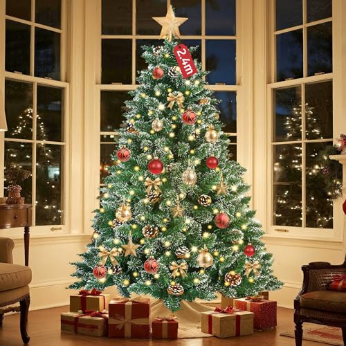 Soontrans Pre-lit Weihnachtsbaum mit Beleuchtung Winterzauber Künstlicher Weihnachtsbaum mit Gefrostete Spitzen & 440 Warmweiß LEDs mit 8 Leuchtmodi & 1220 PVC-Zweigen & 46 Tannenzapfen (H240cm