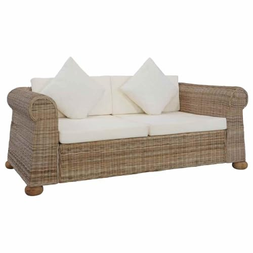 YUOTYRKTEJRSG Natural Rattan 2 Seater Sofa with Cushions. Indoor Garden Patio Furniture. Comfortable Wicker Couch with Removable Washable Covers. Cream White