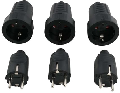 3 Sets Enchufe Macho y Hembra, 250 V/16 A, 3680 W, Impermeable IP44, 2 Polos, Enchufe Estanco Exterior Interior con Protección de Contacto PVC, Contra Torceduras, Clavija para Cables 8mm, Negro