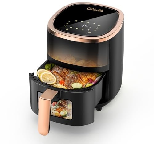 Heißluftfritteuse 6L Airfryer mit 8 Programme, Rapid Air Heißlufttechnologie, Touchscreen, Sichtfenster, Spülmaschinenfest, Fritteuse ohne Öl, Digital,Grillen,Backen,Braten (Schwarz)