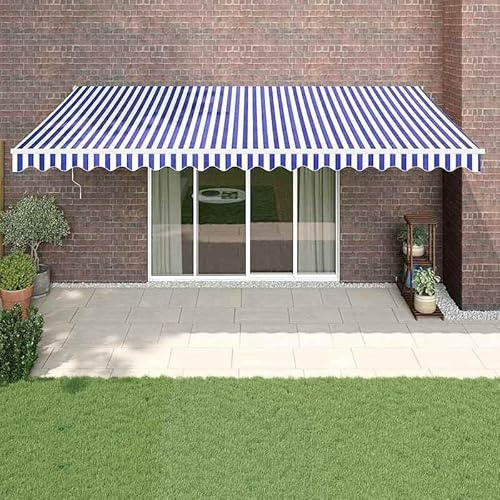Elektrische Markise 5x3 m - Terrassenmarkise mit Kurbel in Blau/Weiß, wetterfest und UV-beständig für Garten und Balkon