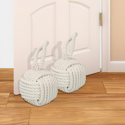 2 Pcs Decorative Door Stoppers, Rope Knot Door Stop with Handle, Heavy Weighted Handmade Stoppers for Window, Bottom of Doors, Bookcase, Home Nautical Decoration, Keep Doors Open