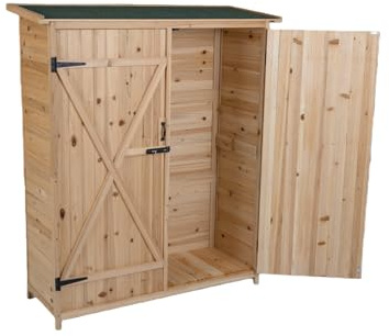 GOPLUS Caseta de Jardín 140 x 51 x 163 CM con Techo Inclinado de Asfalto, Caseta para Herramientas de Madera Maciza con Estantes Desmontables y Puertas con Cerradura, Cobertizo Exterior para Jardín