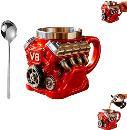 Générique Tasse Moteur V8 en Résine avec Intérieur Inox et Anse Isolante – Tasse Café 3D Réaliste, Idée Cadeau Homme pour Passionnés d'Auto, Design Mécanique Original, avec Cuillère