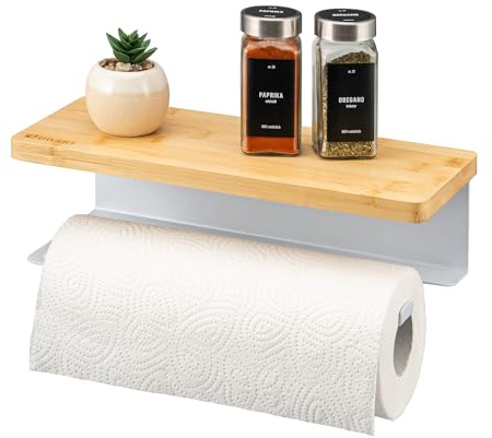 eluno Küchenrollenhalter mit stilvoller Bambusablage, Rollenhalter zur Wandmontage Kleben oder Bohren - für Standard-Küchenrollen bis 28 cm oder 2 Toilettenpapierrollen, aus Metall (Weiß)