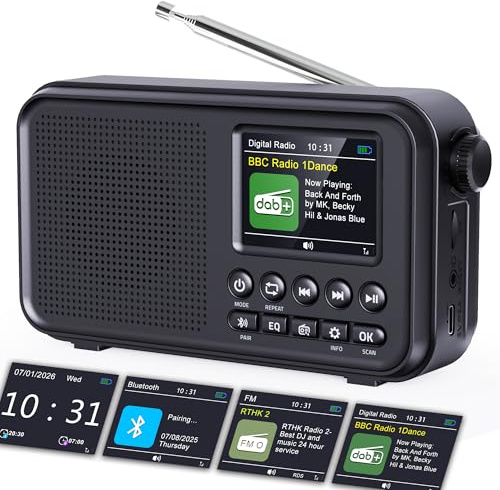 ROCAM Radio Portatile DAB/DAB+/FM con Bluetooth 5.0 & Altoparlante Hi-Fi | 3000mAh Batteria Ricaricabile, 2,4Display, Doppia Sveglia, 40 DAB/FM Stazioni Preimpostate,12 Lingue,TF Slot per Scheda,Nero