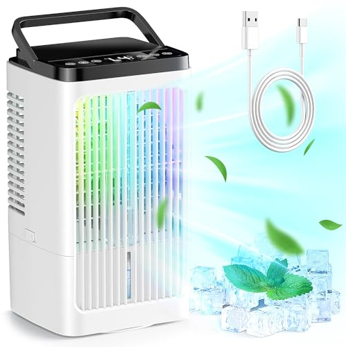 Aire acondicionado móvil evacuable 4 en 1, enfriador de aire silencioso de 1200 ml con 2 modos de nebulización, temporizador, oscilación de 90° para oficina y cocina, Blanco lechoso