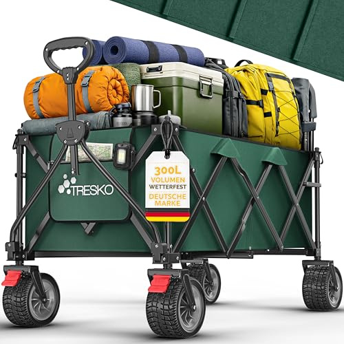 TRESKO® Bollerwagen faltbar 300L mit Bremse | Handwagen klappbar 150kg | Transportwagen inkl. Vollgummireifen | Faltbarer Strandwagen Extra Breite All-Terrain-Räder | Campingwagen mit Tragetasche