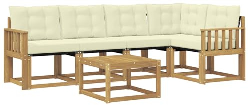 vidaXL Outdoor-Sofagarnitur mit Kissen 6 pcs Weiß und Creme, Akazien Outdoor Sofa Set, modische Möbel für Terrasse, wetterfester Couch, entspannende Sitzgruppe im Garten