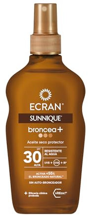 Ecran Sunnique - Aceite Protector Solar Broncea+ FPS 30, Protección Media UVB y UVA, Activa el Bronceado Natural, Sin Autobronceador, con Tecnología PureBronze, Resistente al Agua - 200 ml