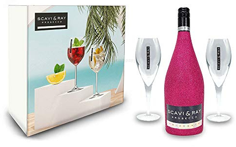 Scavi & Ray Bling Bling Hot Pink Glitzer Giftbox Geschenkset - Scavi & Ray Prosecco Frizzante 0,75l (10% Vol) + 2x Prosecco Gläser -[Enthält Sulfite]