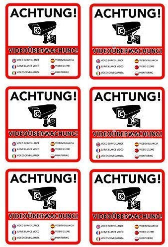 6 Achtung Videoüberwachung Premium Aufkleber – Schild – Sticker |Hinweisschild – Warnschild für mit Kamera videoüberwachtes Objekt – Haus – Gelände| Kratz- wetterfest|10 x 10 cm