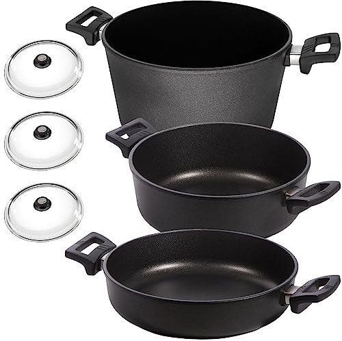 Eurolux Topf-Set Induktion Aluguss beschichtet 6-tlg. - große Guss-Kochtöpfe inkl. Kasserolle & Schmortopf mit Deckel 28/32/32 cm - Made in Germany