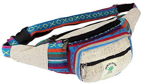 HIMALAYAN Gürteltasche aus Hanfstoff, multifunktional, handgefertigt in Nepal, Ethno-Design, lässig, mit 3 Reißverschlüssen, Einheitsgröße, Verstellbarer Riemen (Mehrfarbig), Beige, Unikat