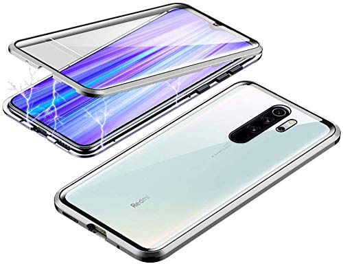 Hülle für Xiaomi Redmi Note 8 Pro, Magnetische Adsorption Metall Stoßstange Flip Cover mit 360 Grad Schutz Doppelte Seiten Transparent Gehärtetes Glas Handyhülle für Xiaomi Redmi Note 8 Pro