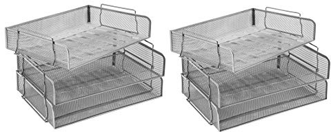 OSCO Wiremesh Stackable Letter Tray Landscape, Scratch-Resistant Metal Desk File Organiser for A4 & Foolscap Paper, Side-Load Design, High-Density, 6 Pack, Silver