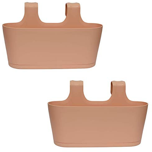 Gariella - 2 x Blumenkasten in Apricot, Hängekasten, Geländer-Montage, Balkon, Außenbereich, 5,5 L, oval, Kunststoff, Übertopf, Pflanzkasten, Blumentopf zum Hängen, Wasserspeicher/Untersetzer