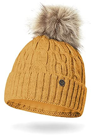 HEYO Damen Wintermütze mit Fleece Innenband H18527 | Slouch Beanie Winter Mütze | Warme Strickmütze mit Bommel | Bommelmütze (Senfgelb)