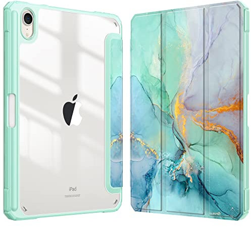 Fintie Funda Durable para iPad Mini 7 2024 / Mini 6 2021 de 8,3 Pulgadas con Portalápiz - Carcasa Trasera Transparente a Prueba de Choques Auto-Reposo/Activación, Mármol Verde Dorado