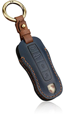 HIBEYO Smart Key Fob Case Leather Full Protection Cover Compatible with Porsche 911 Cayenne Macan Panamera Taycan 3 4 Button Keyless Entry Remote Shell Accessories-(4 Button Blue)