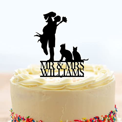 Tortenaufsatz mit Aufschrift Mr and Mrs, Brautpaar mit Katze, schwarzer Acryl-Hochzeitstortenaufsatz und Brautparty, Tortenaufsatz, personalisierbar, Motiv: Mr Mrs