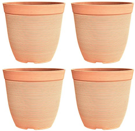 simpa Rustic Ridge Plastic Planter Pots - TERRACOTTA, Set of 4 Pots - 28cm (H) x 30cm Diameter