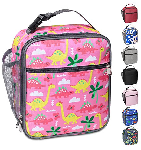 Apuucse Dinosaur Insulated Lunch Bag with Side Mesh Pocket for Kids/Boys/Girls/Child,Water-Resistant Leakproof Soft Cooler Bag Durable Portable Thermal Lunch Box for School/Picnic/Outdoor(Pink)