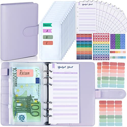 Budget Planner Deutsch Budget Binder A6 - Bugetplaner Haushaltsbuch mit Geldfächer, Finanzplaner Geld Organizer Sparbuch mit Folien für Sparen Sparchallenge Umschlagmethode Geldplaner Cash Stuffing