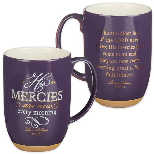 Christian Art Gifts Große Keramik-Tasse für Kaffee und Tee für Frauen: His Mercies are New - Lam. 3:22 inspirierender Bibelvers, ungiftig/bleifrei mit Tonbasis und goldenen Akzenten, lila/grau, 425 ml